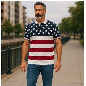 Ivy Crew American Flag Polo Shirt All Over Print Star Stripe Size XL